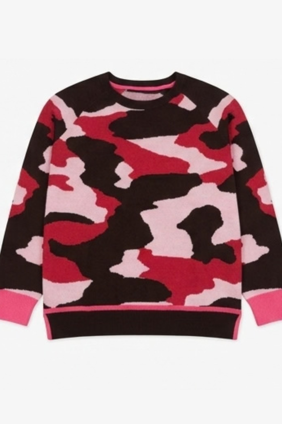 Brodie Cherry Pink Camoflage Cashmere Sweater Crew Neck Raglan Sleeve
