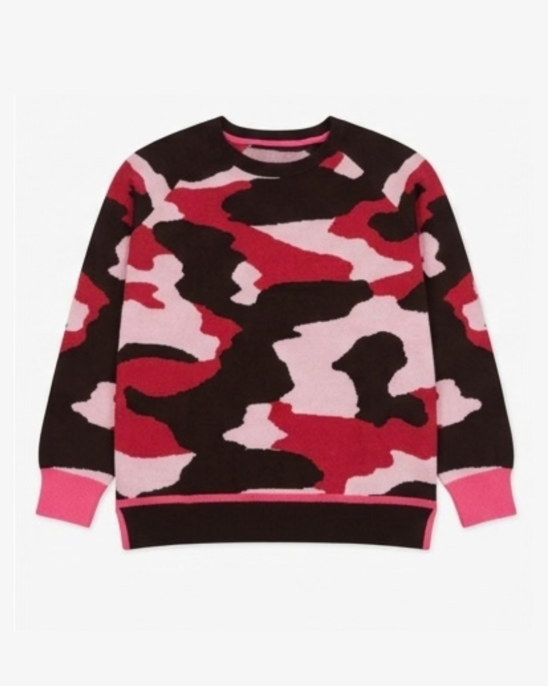 Brodie Cherry Pink Camoflage Cashmere Sweater Crew Neck Raglan Sleeve