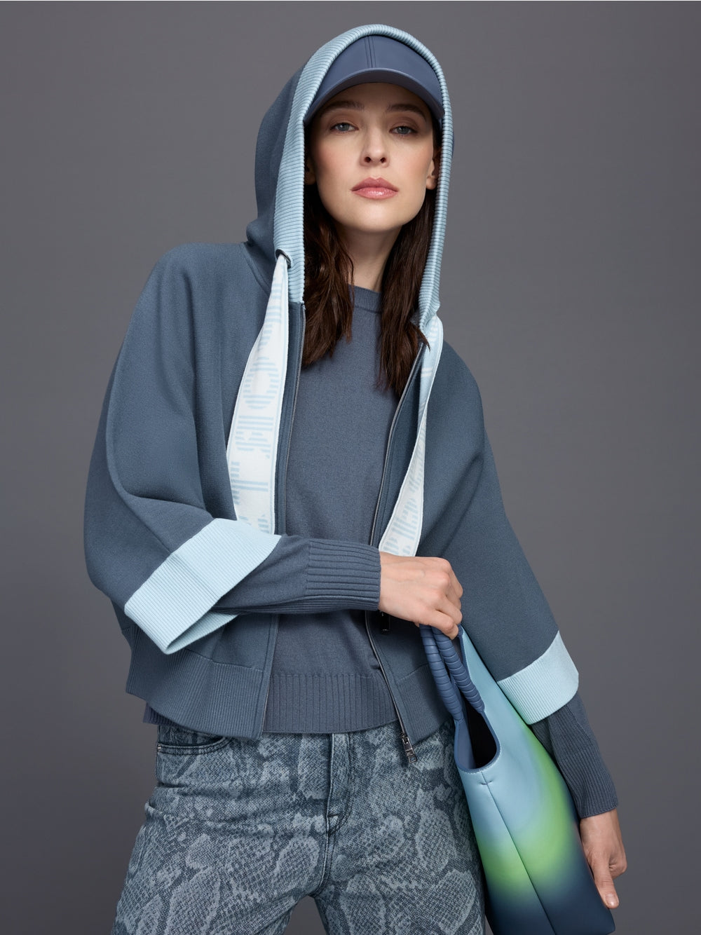 Marc Cain Sports Grey Oversized Zip Cardigan with Hood