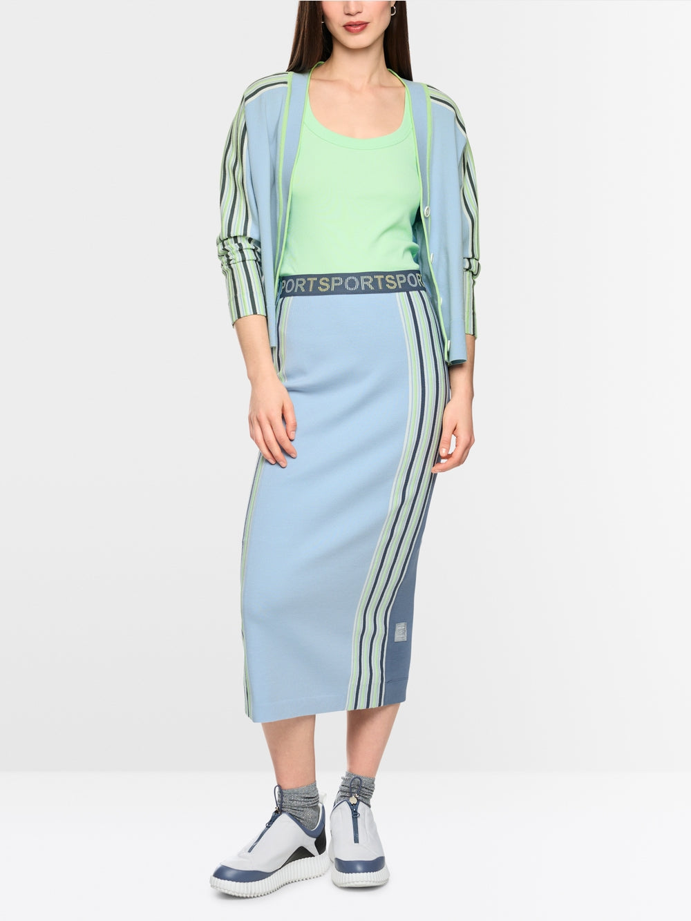 Marc Cain Sport Blue V Neck Cardigan with Coloured Stripes