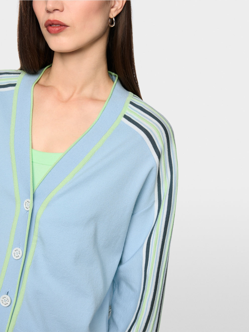 Marc Cain Sport Blue V Neck Cardigan with Coloured Stripes