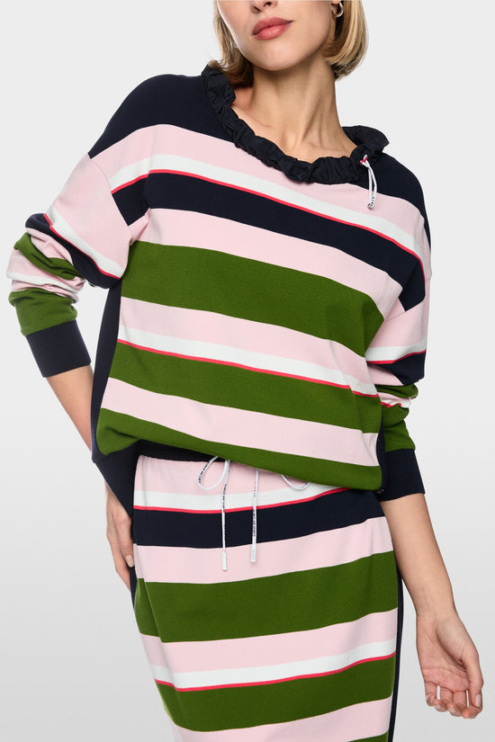Marc Cain Sports Navy Striped Top with Ruffled Collar