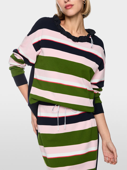 Marc Cain Sports Navy Striped Top with Ruffled Collar