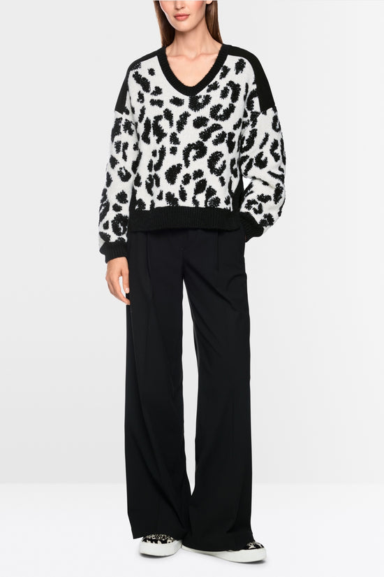 Marc Cain Black/White V Neck Leopard Print Sweater