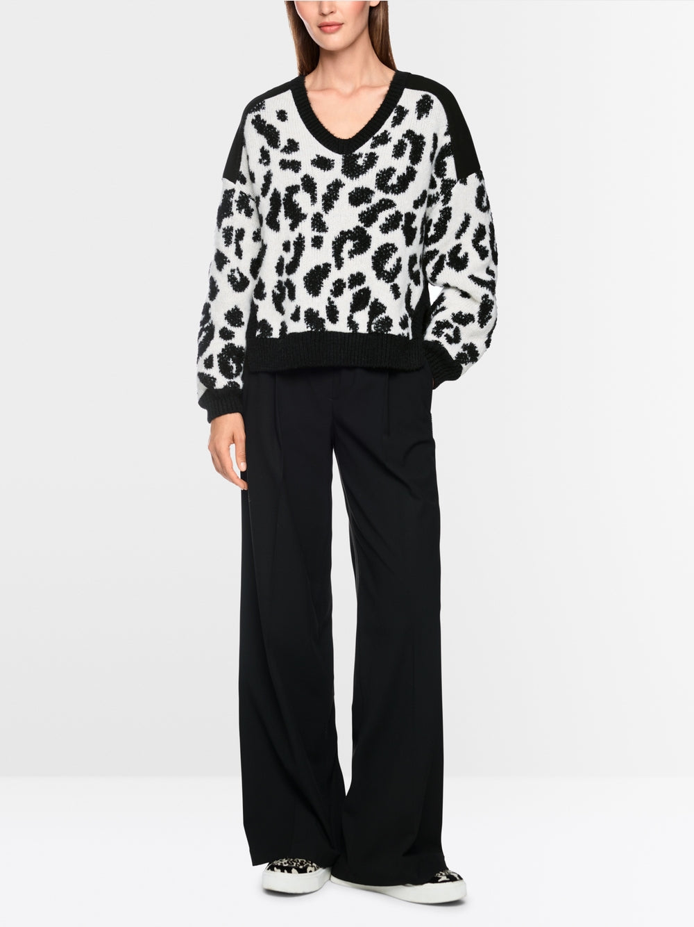 Marc Cain Black/White V Neck Leopard Print Sweater