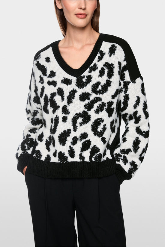Marc Cain Black/White V Neck Leopard Print Sweater