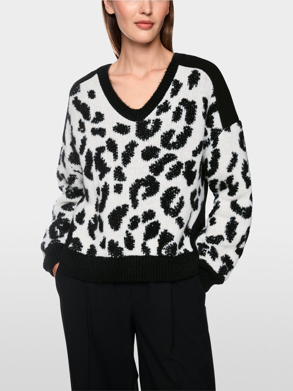 Marc Cain Black/White V Neck Leopard Print Sweater