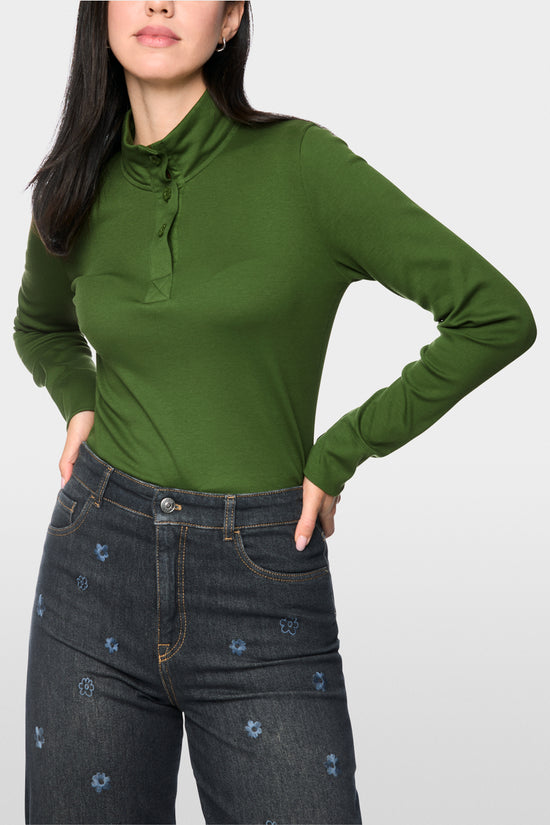 Marc Cain Sport Green Long-Sleeved Top with Stand-Up Collar