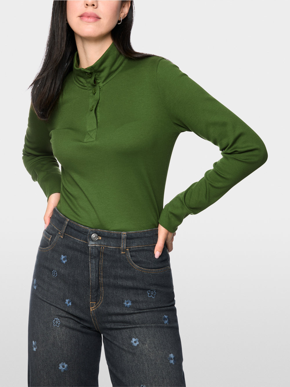 Marc Cain Sport Green Long-Sleeved Top with Stand-Up Collar