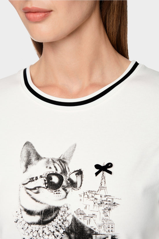 Marc Cain Sports Off White Cat in Sunglasses Print T-Shirt