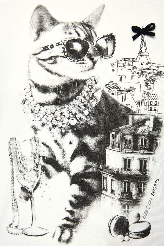 Marc Cain Sports Off White Cat in Sunglasses Print T-Shirt
