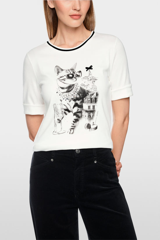 Marc Cain Sports Off White Cat in Sunglasses Print T-Shirt