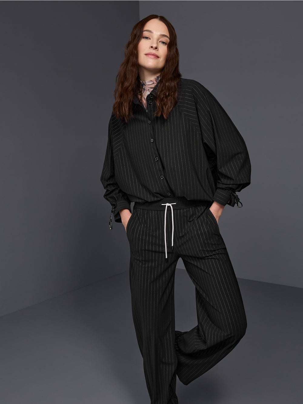 Marc Cain Sports Black Pinstripe Blouse with Batwing Sleeves