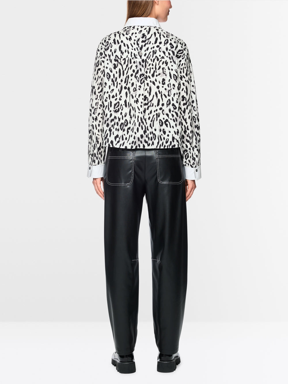 Marc Cain Sports White/Black Cotton Blouse with Leopard Print 