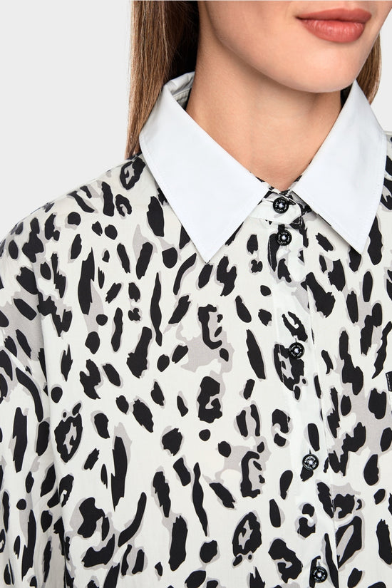 Marc Cain Sports White/Black Cotton Blouse with Leopard Print 