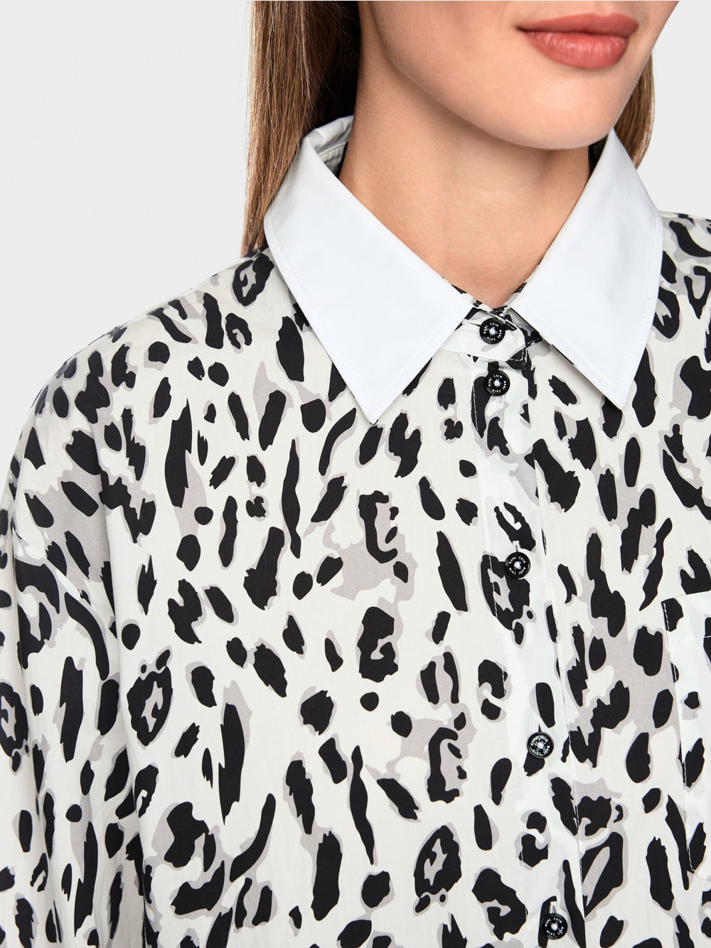 Marc Cain Sports White/Black Cotton Blouse with Leopard Print 