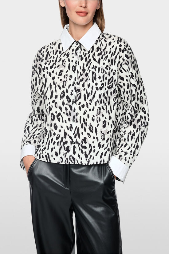 Marc Cain Sports White/Black Cotton Blouse with Leopard Print 