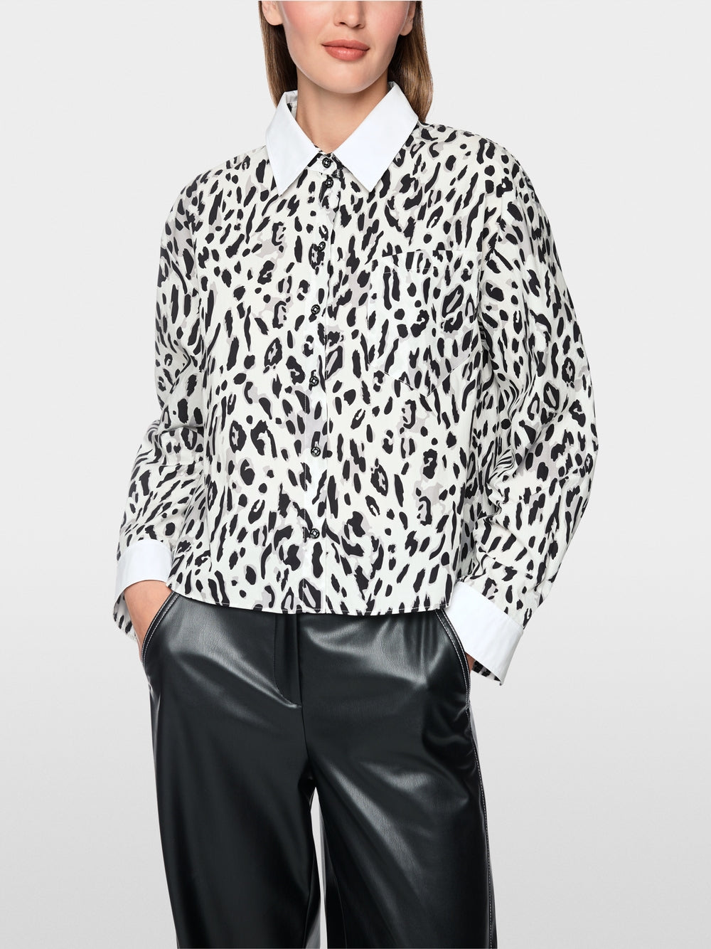 Marc Cain Sports White/Black Cotton Blouse with Leopard Print 