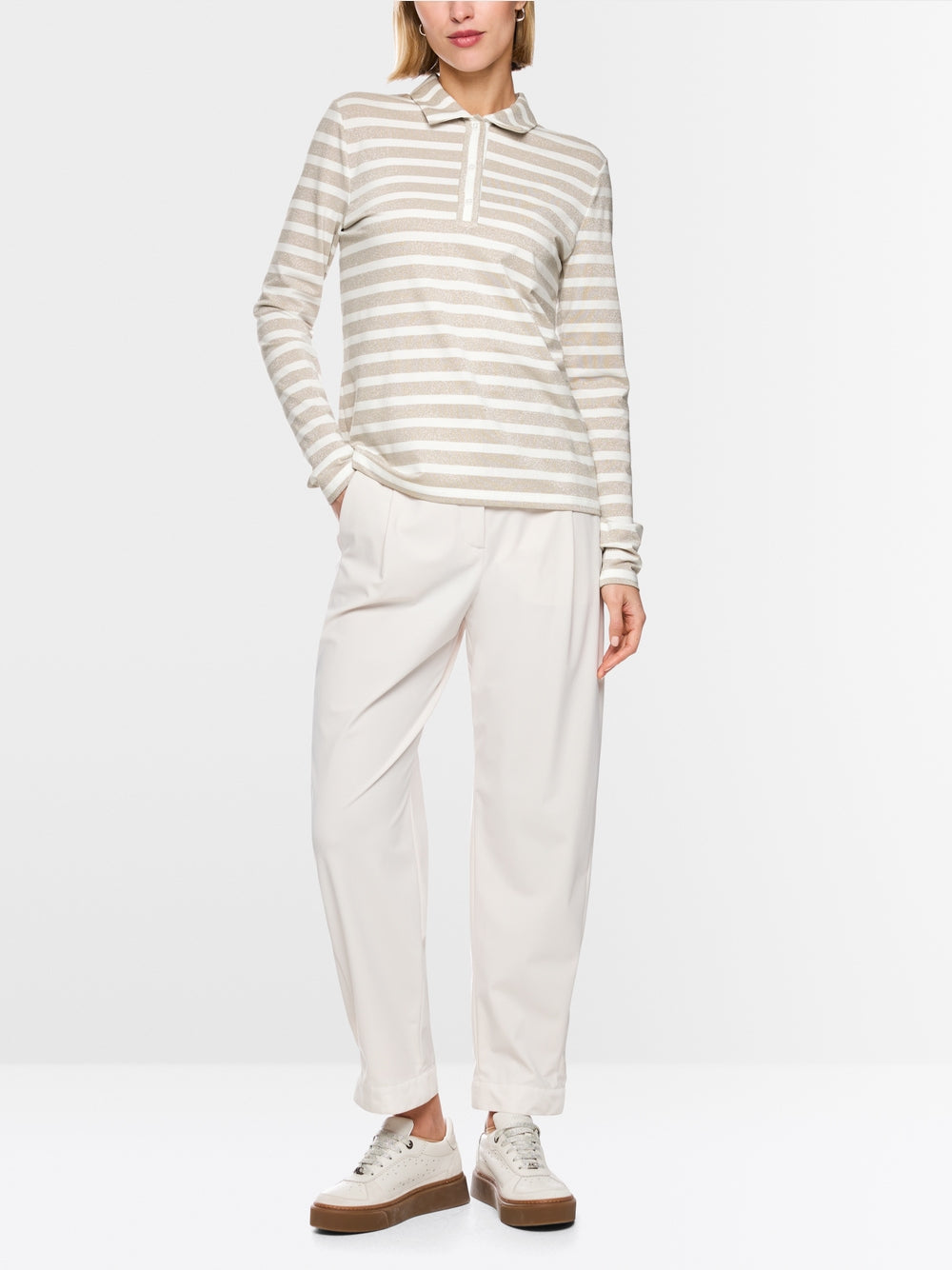 Marc Cain Sports Champagne  Long Sleeve Polo Shirt with Lurex Stripe