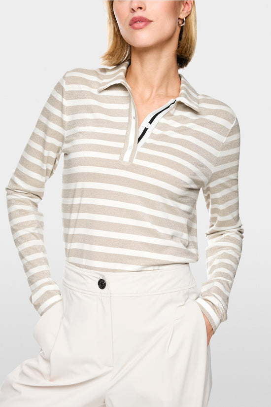 Marc Cain Sports Champagne  Long Sleeve Polo Shirt with Lurex Stripe
