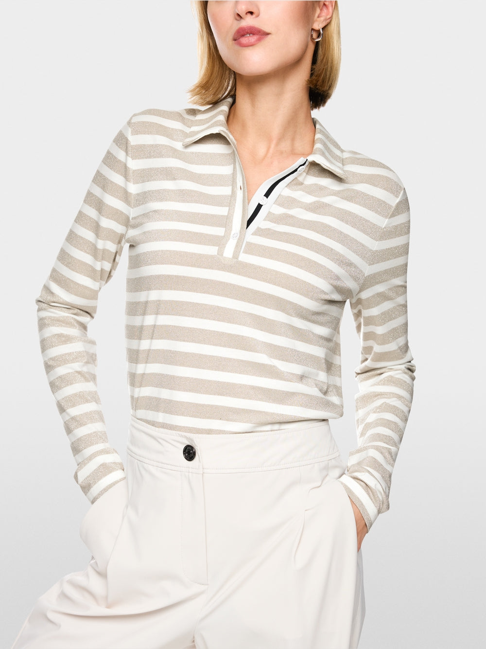 Marc Cain Sports Champagne  Long Sleeve Polo Shirt with Lurex Stripe