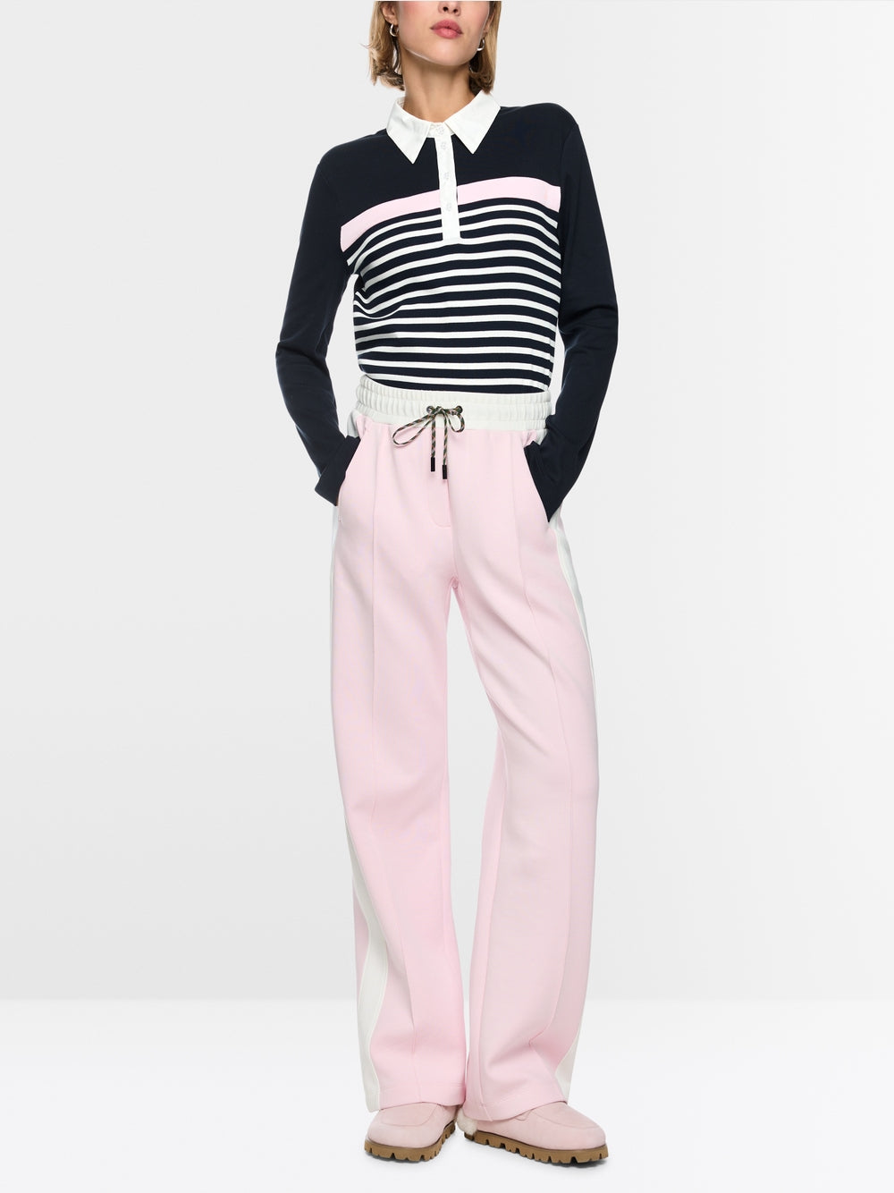 Marc Cain Sports Navy Ribbed Texture Polo Shirt with Stripes