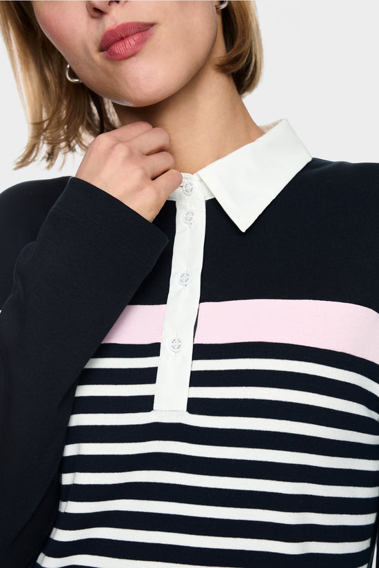 Marc Cain Sports Navy Ribbed Texture Polo Shirt with Stripes
