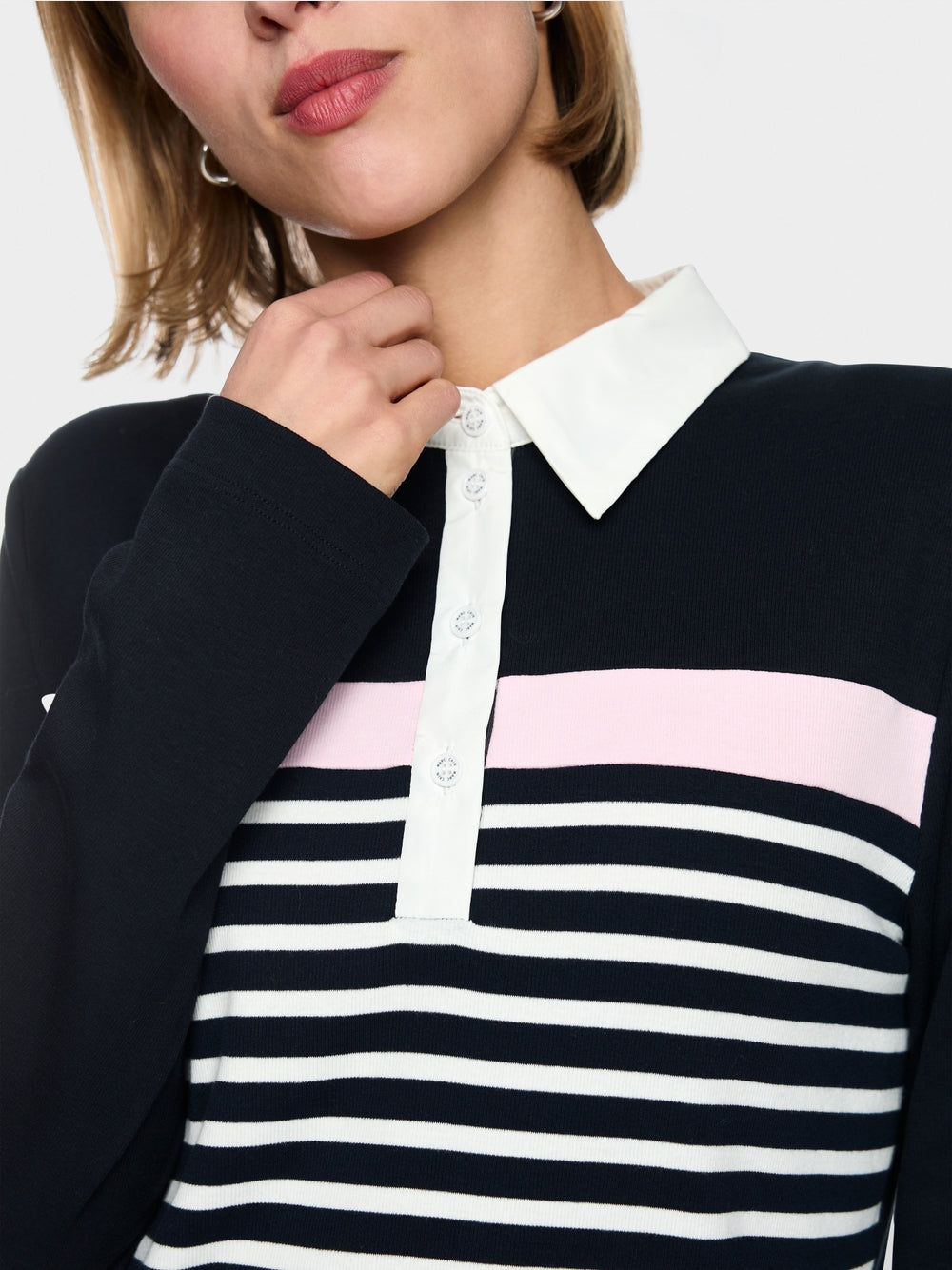 Marc Cain Sports Navy Ribbed Texture Polo Shirt with Stripes