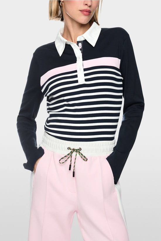 Marc Cain Sports Navy Ribbed Texture Polo Shirt with Stripes