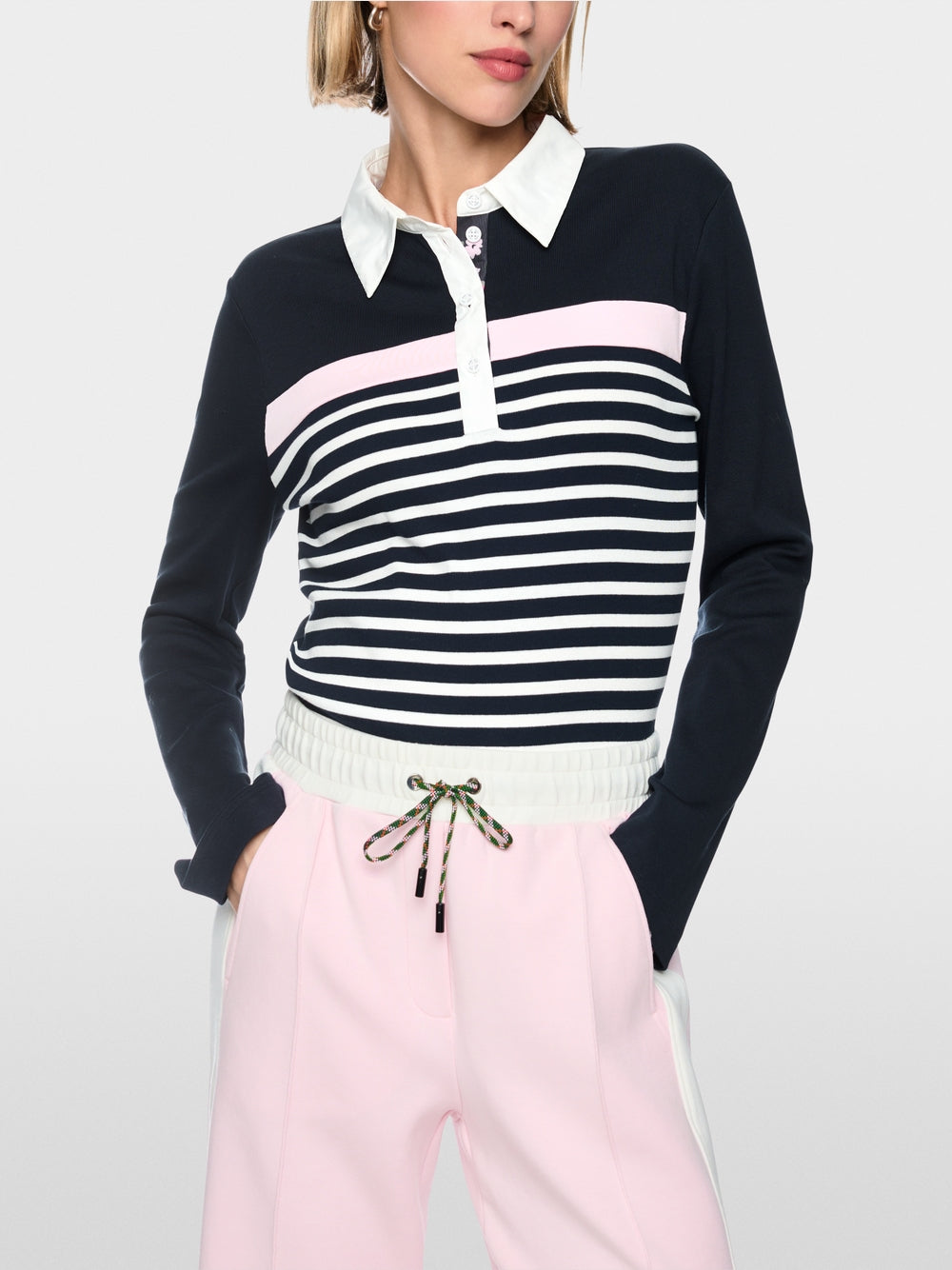 Marc Cain Sports Navy Ribbed Texture Polo Shirt with Stripes