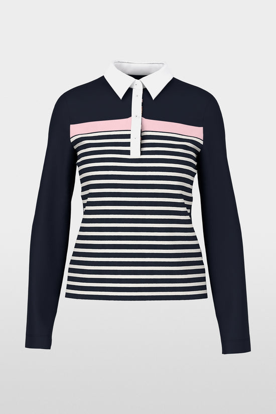 Marc Cain Sports Navy Ribbed Texture Polo Shirt with Stripes