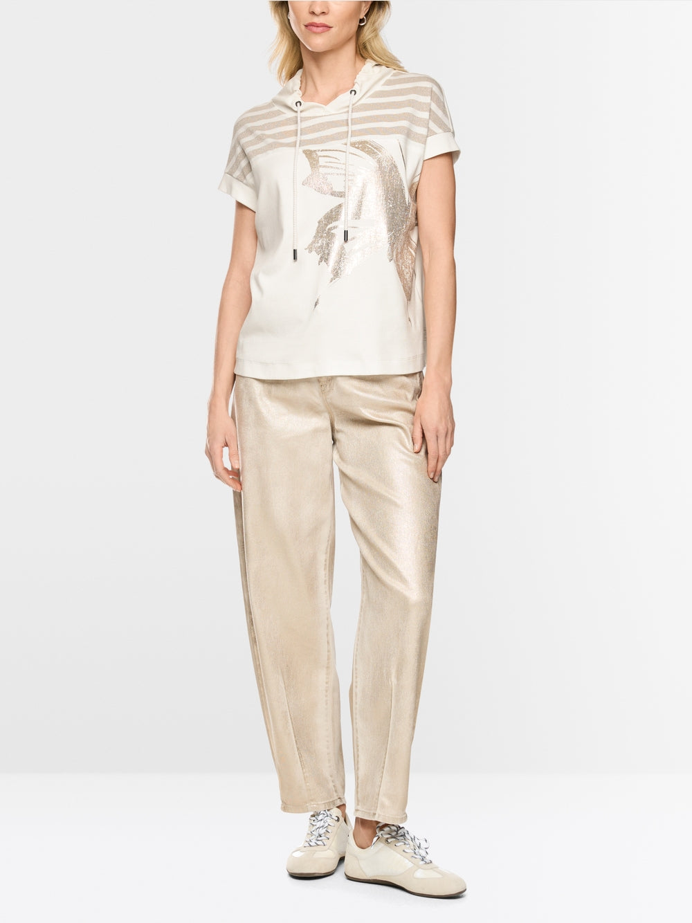 Marc Cain Sports Off-White Short Sleeve Top with Lurex and Gold Print