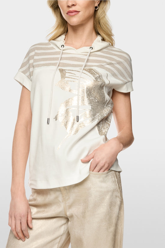 Marc Cain Sports Off-White Short Sleeve Top with Lurex and Gold Print