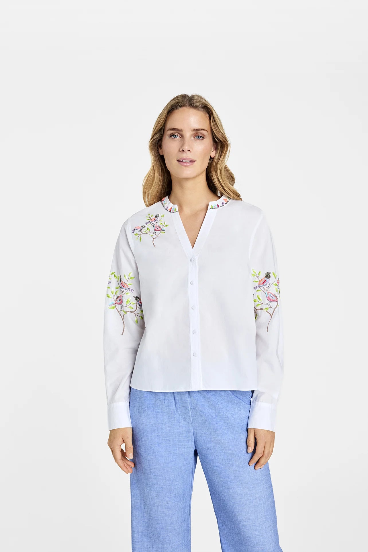 Gustav White Cotton Embroidered Blouse with Mandarin Collar, Long Sleeves