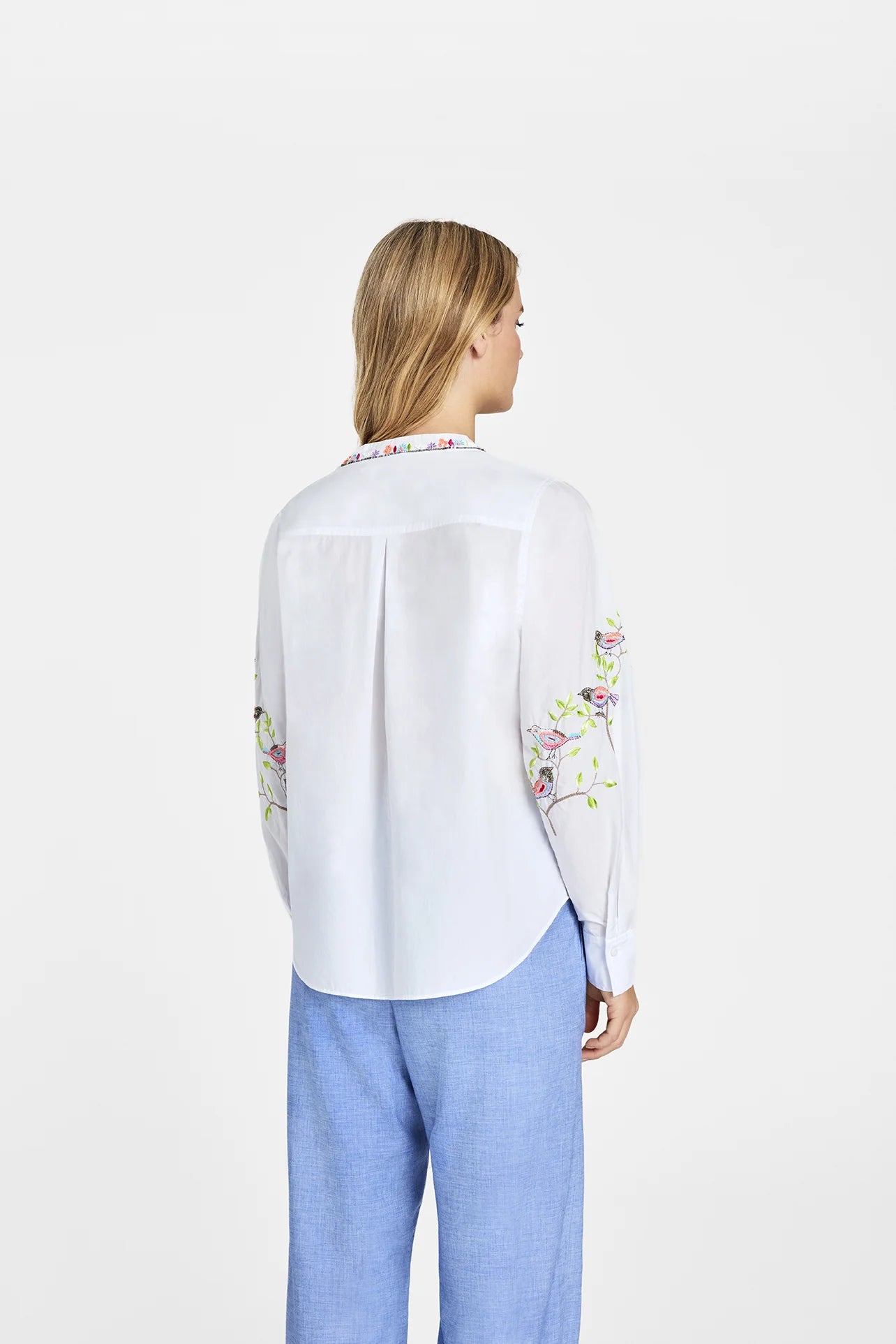 Gustav White Cotton Embroidered Blouse with Mandarin Collar, Long Sleeves