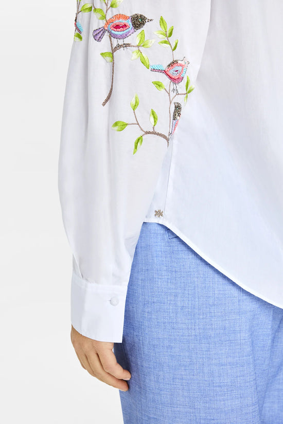 Gustav White Cotton Embroidered Blouse with Mandarin Collar, Long Sleeves