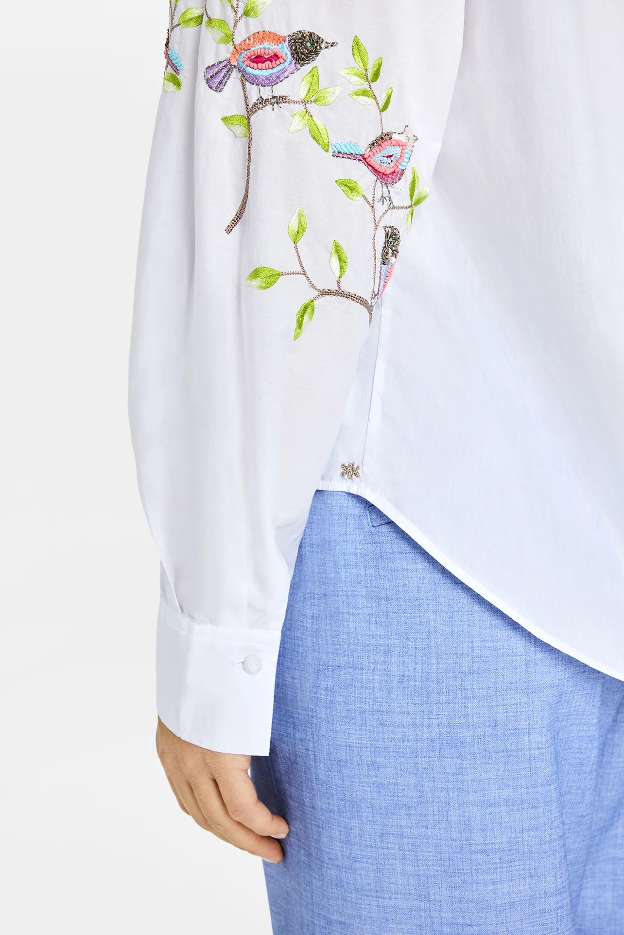 Gustav White Cotton Embroidered Blouse with Mandarin Collar, Long Sleeves