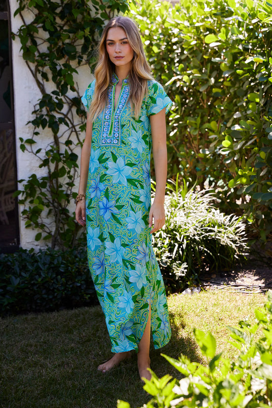 Bella Tu Turquoise Blue Cap Sleeve Beaded Neckline Caftan Dress LANA MAUI