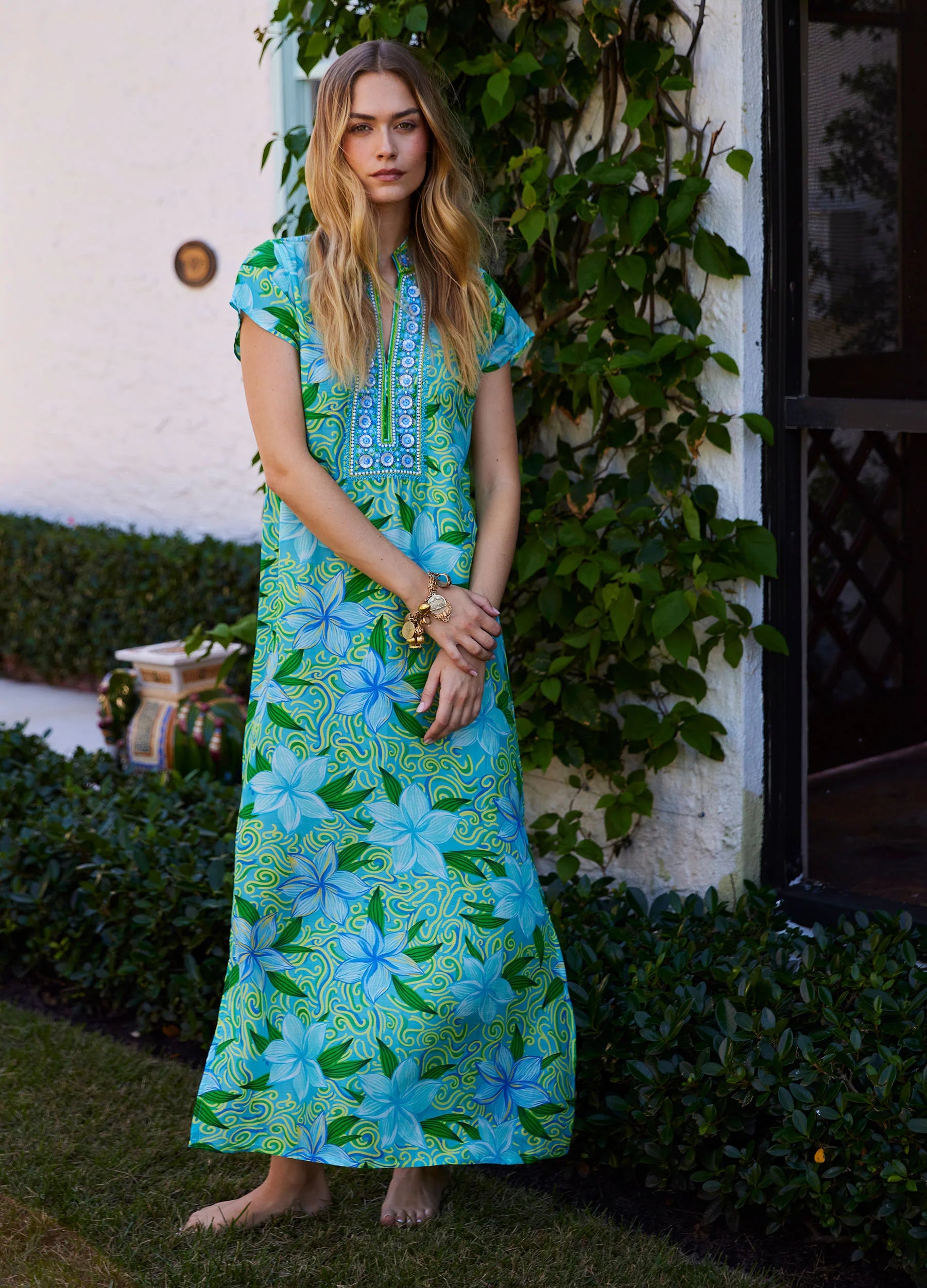 Bella Tu Turquoise Blue Cap Sleeve Beaded Neckline Caftan Dress LANA MAUI