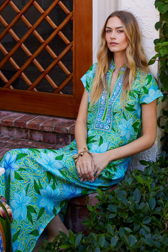 Bella Tu Turquoise Blue Cap Sleeve Beaded Neckline Caftan Dress LANA MAUI