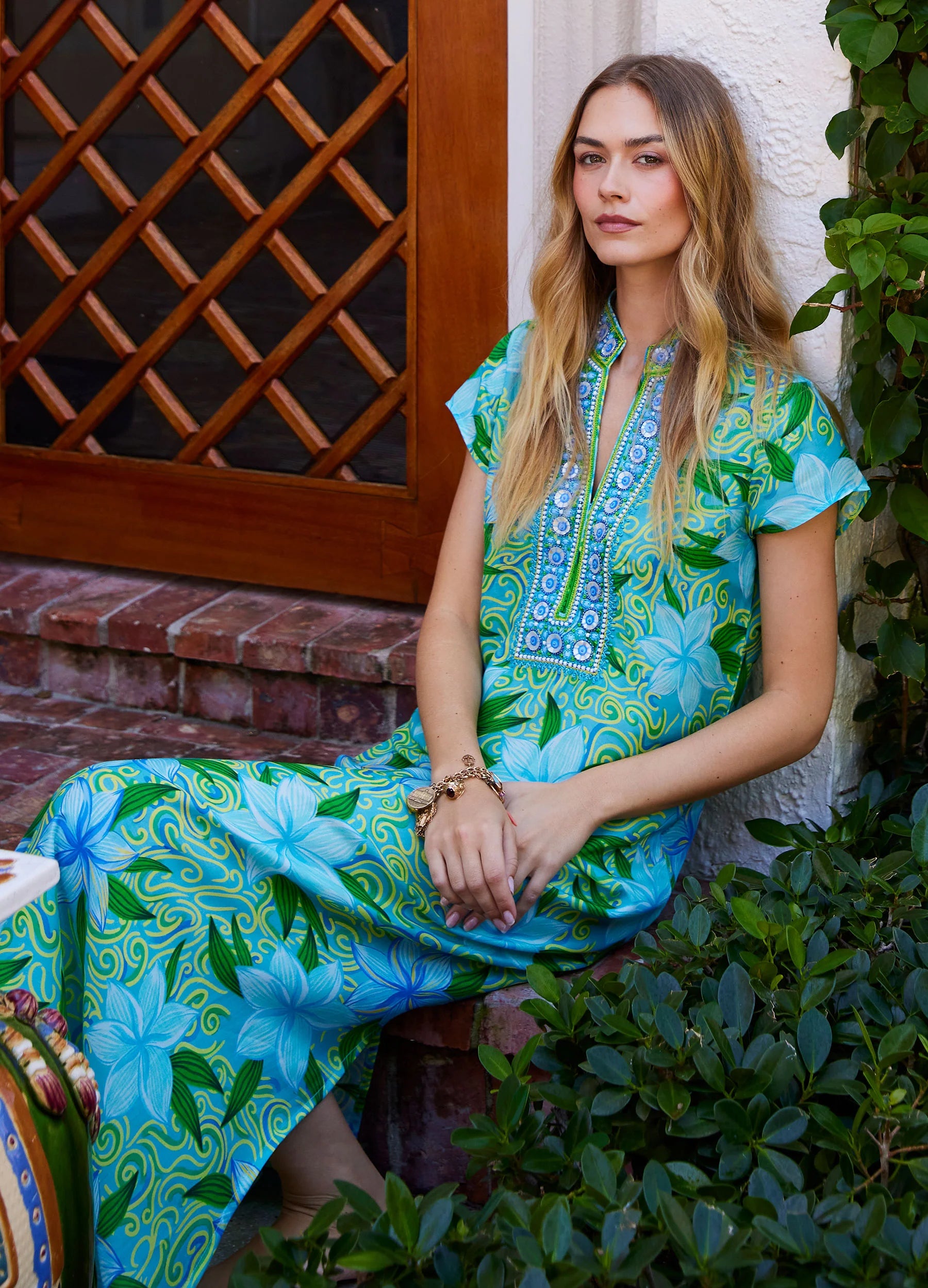 Bella Tu Turquoise Blue Cap Sleeve Beaded Neckline Caftan Dress LANA MAUI