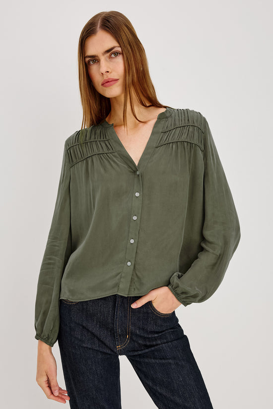 Rails Washed Olive Fluid Fit Shirred Yoke Shirt