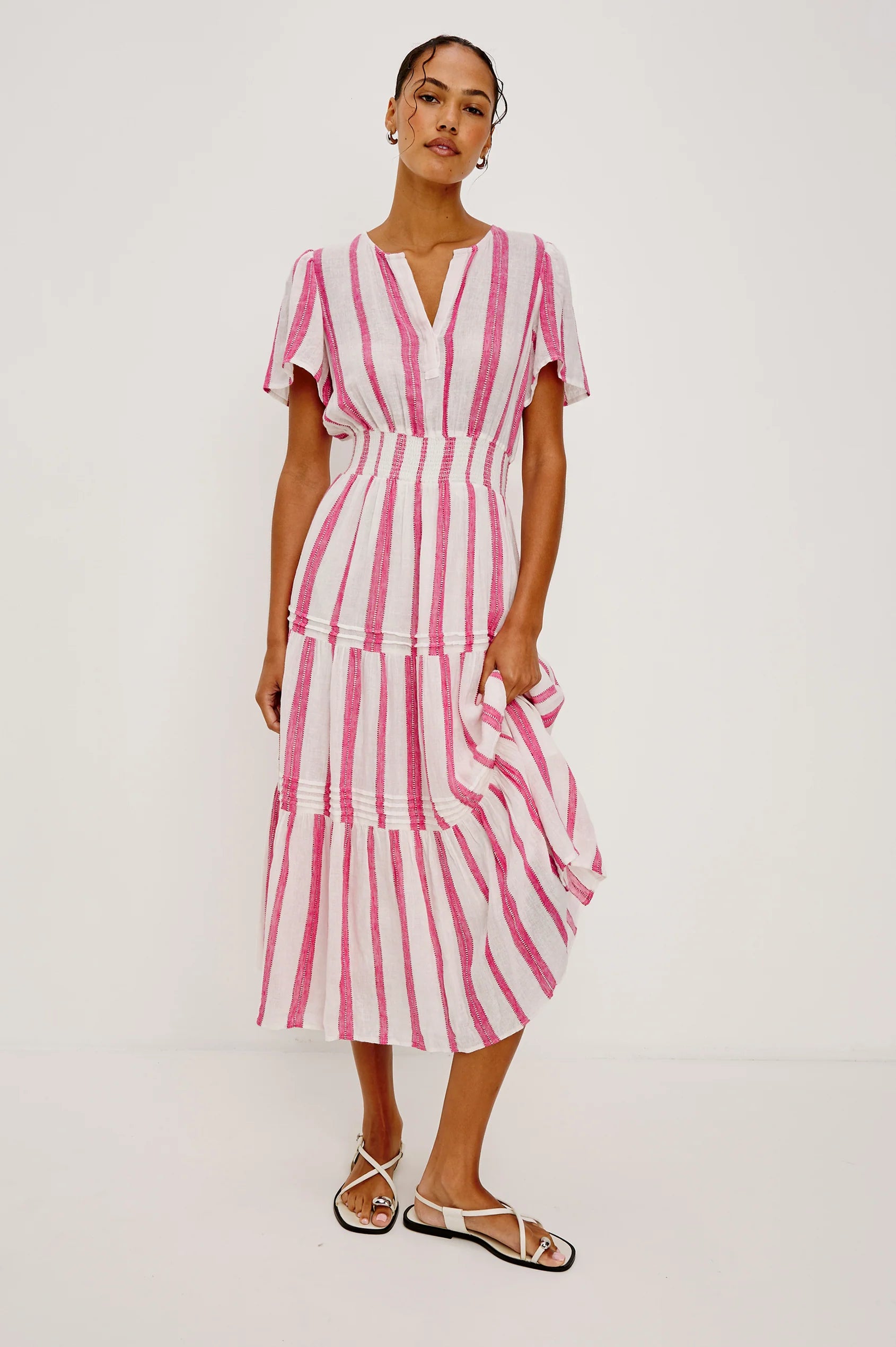 Rails Delphine Pink Stripe Linen Blend Midi Length Dress Cannes