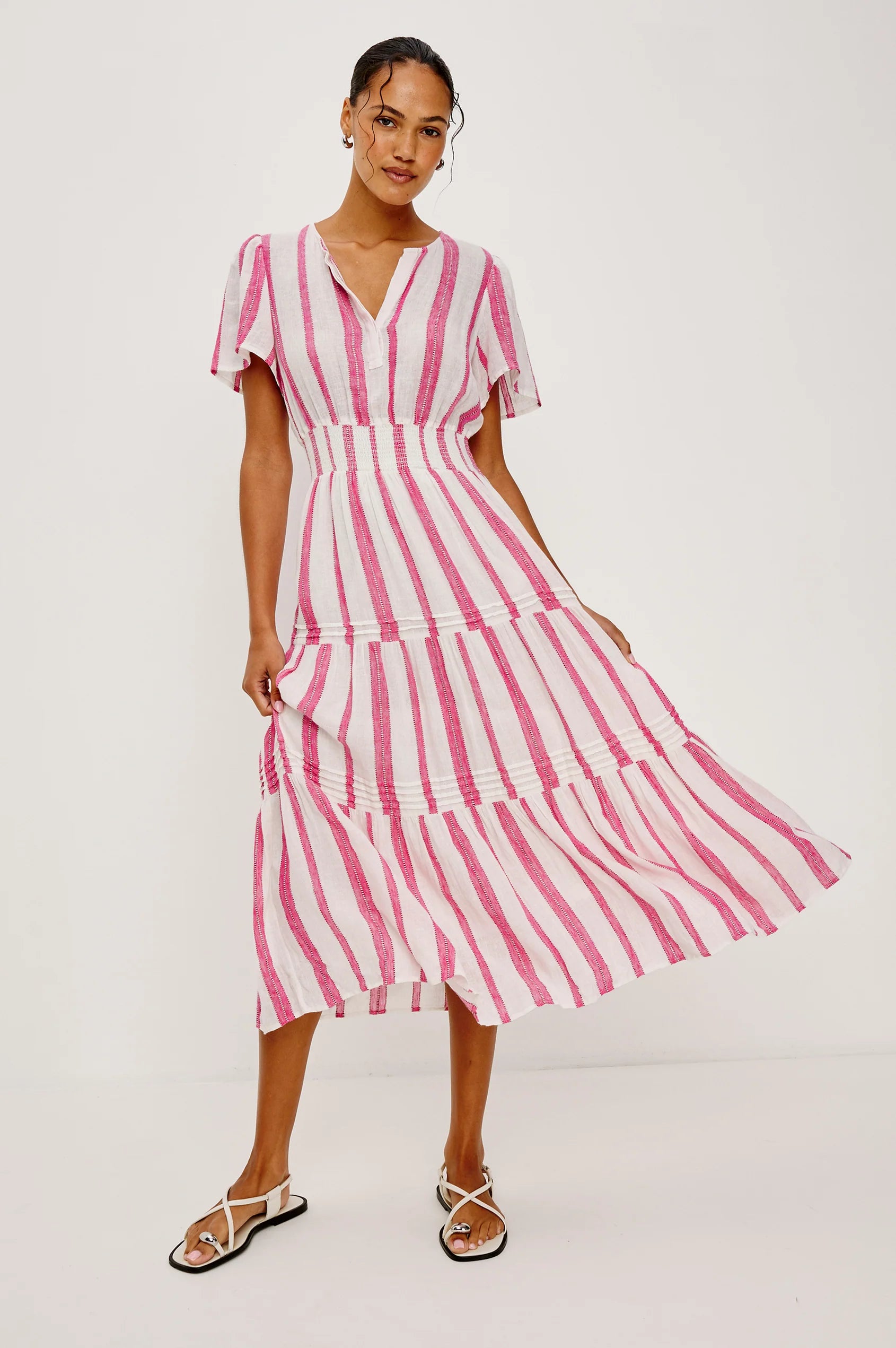 Rails Delphine Pink Stripe Linen Blend Midi Length Dress Cannes