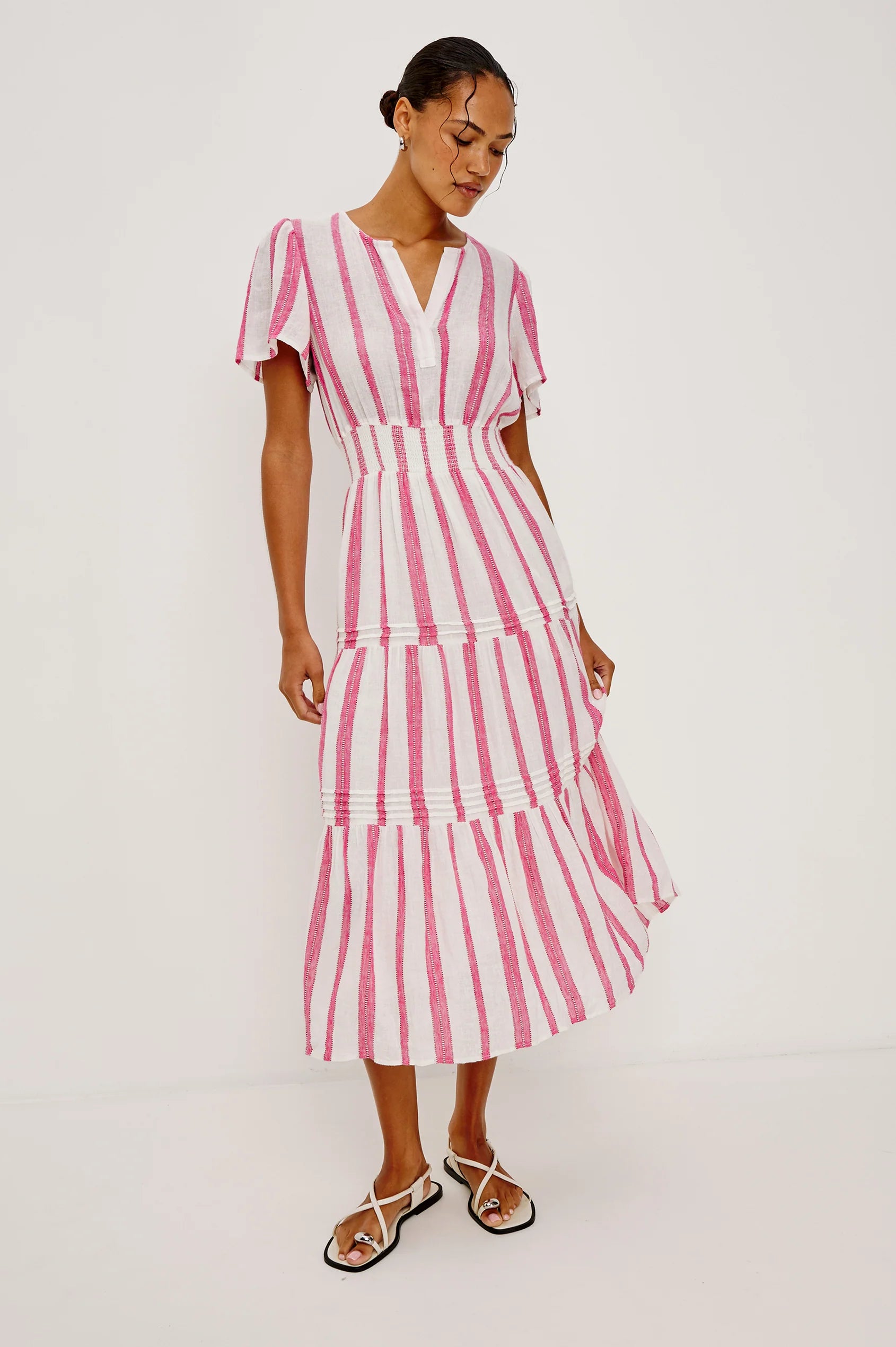 Rails Delphine Pink Stripe Linen Blend Midi Length Dress Cannes