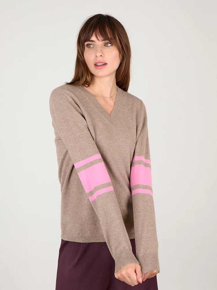Cocoa Cashmere Althea Natural Brown Cashmere V-Neck Sweater