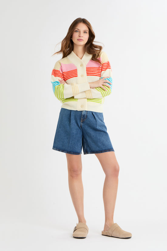 Cocoa Cashmere Multicolour Stripe Cashmere-Cotton V neck Cardigan with Pockets CC5818A