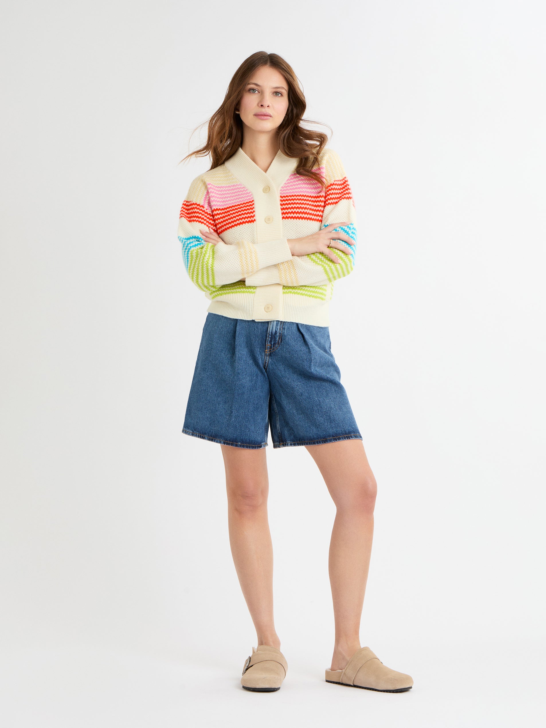 Cocoa Cashmere Multicolour Stripe Cashmere-Cotton V neck Cardigan with Pockets CC5818A