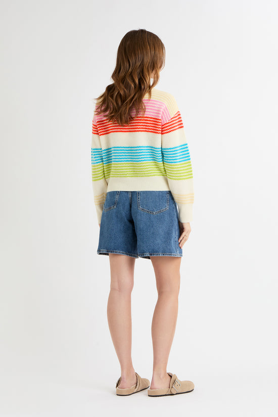 Cocoa Cashmere Multicolour Stripe Cashmere-Cotton V neck Cardigan with Pockets CC5818A