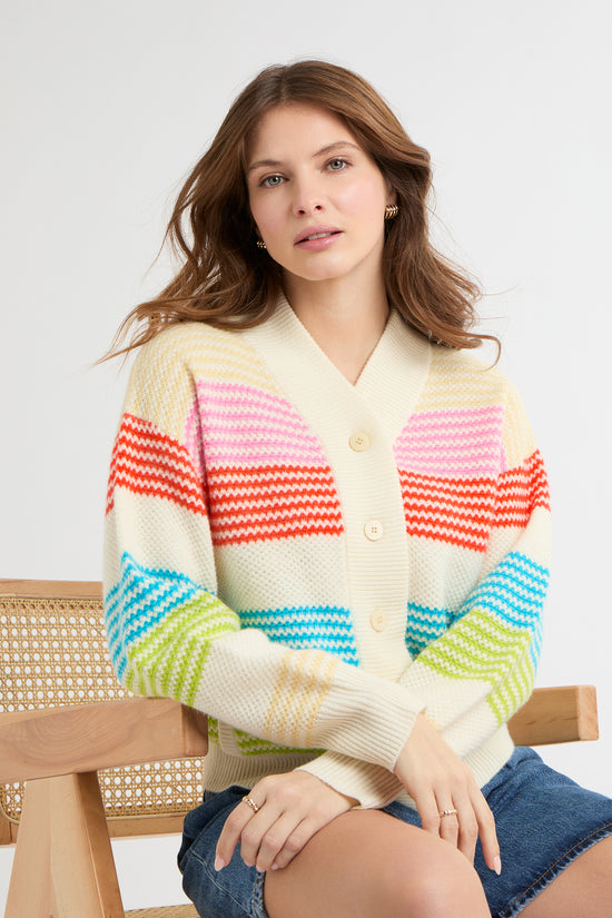 Cocoa Cashmere Multicolour Stripe Cashmere-Cotton V neck Cardigan with Pockets CC5818A